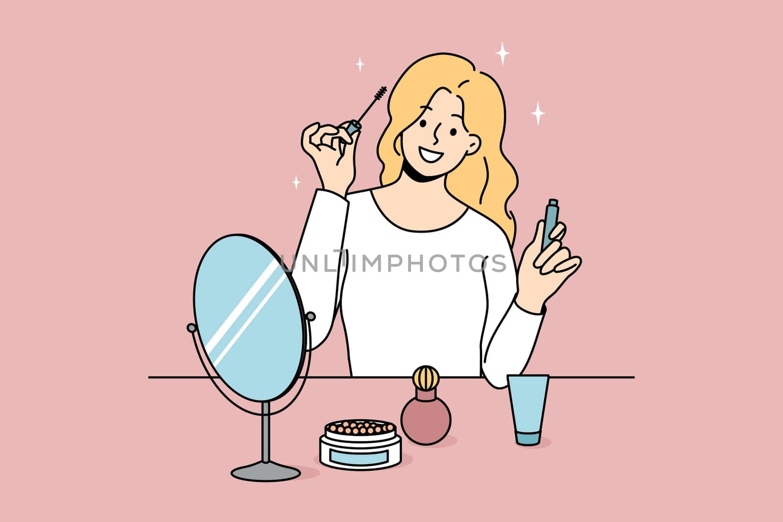 Smiling girl sit at table doing makeup put mascara. Happy young woman look in mirror apply beauty cosmetics products. Daily routine and preparation. Cosmetology. Vector illustration.