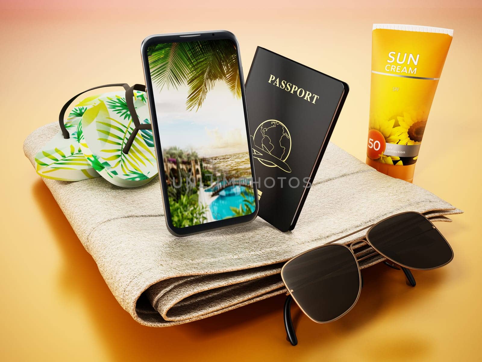 Slippers,sun screen tube, smartphone and sunglasses standing on beach towel. 3D illustration.
