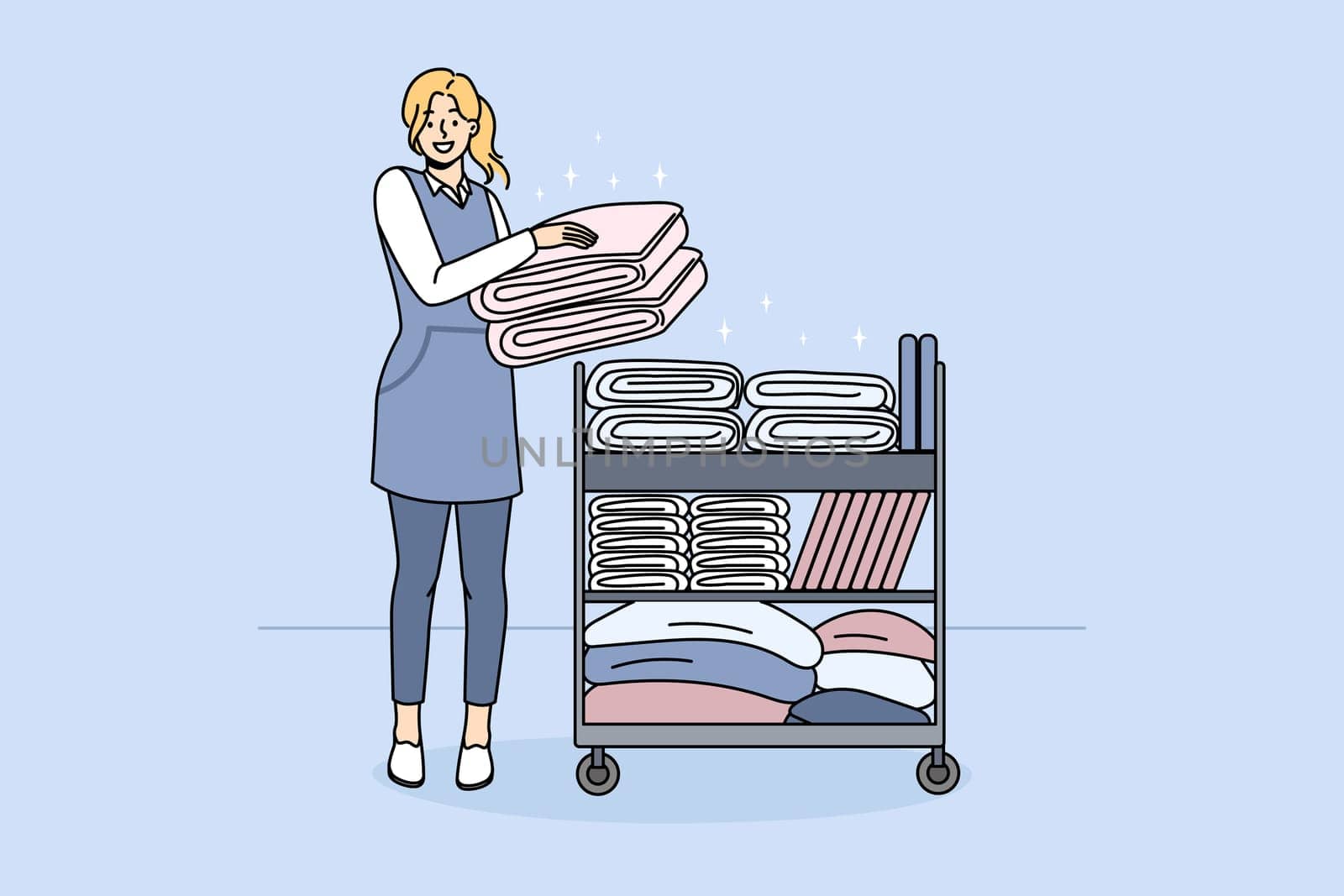 Smiling woman housekeeper with trolley with clean towels work in hotel or hostel. Happy female maid provide good quality housekeeping or laundry service. Dry cleaning. Vector illustration.