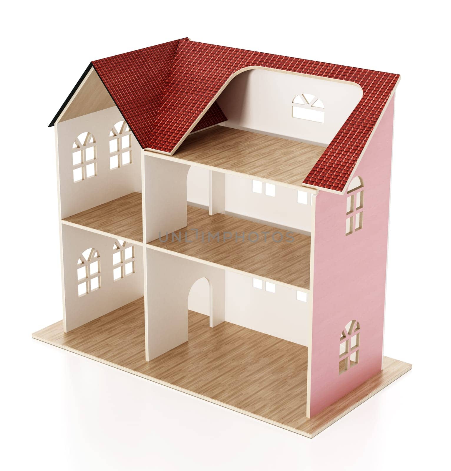 Classic wooden dollhouse isolated on white background. 3D illustration.