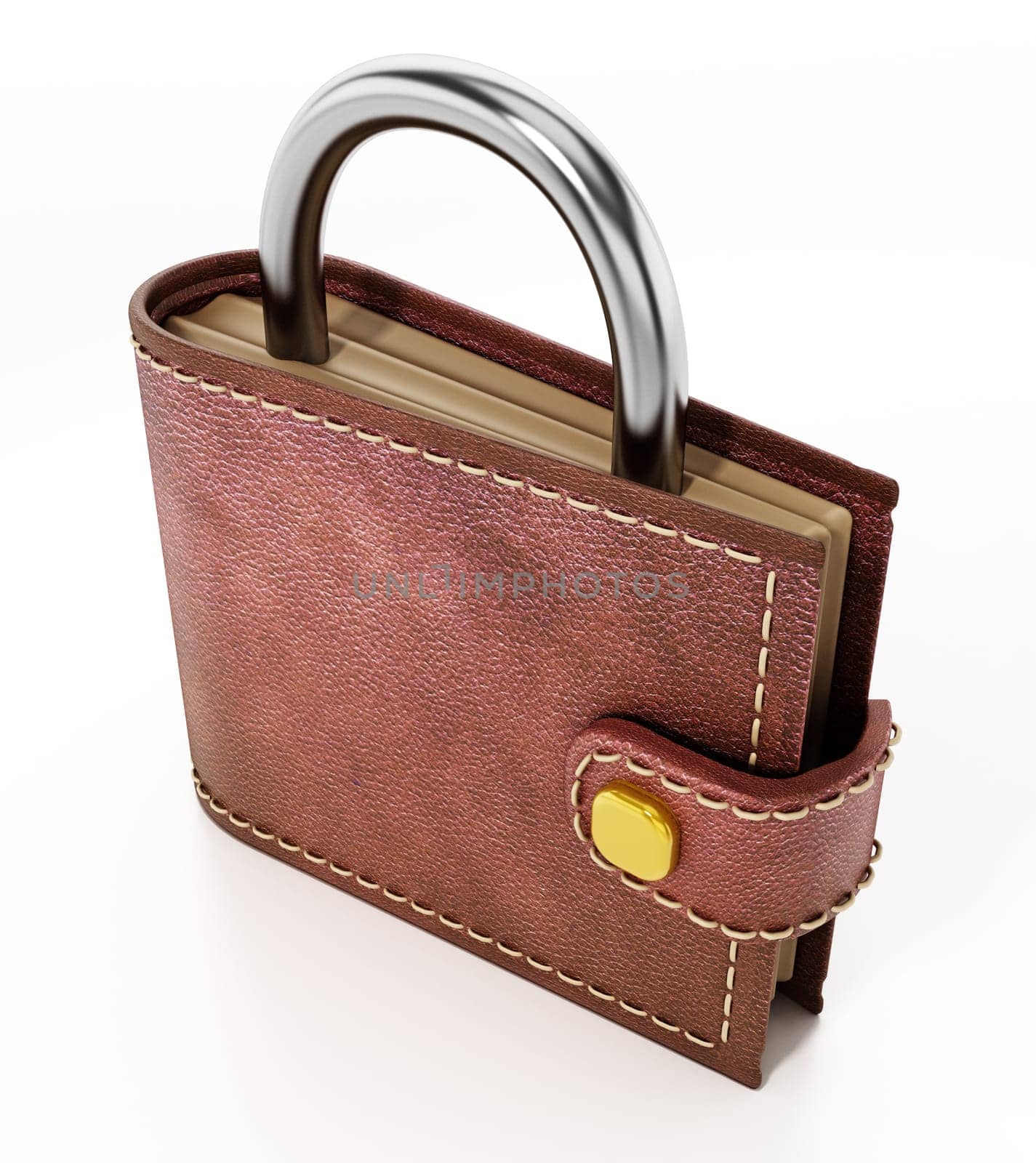 Wallet with padlock top isolated on white background. 3D illustration.