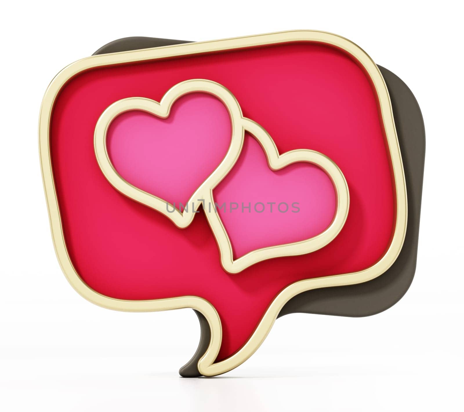 Speech balloons with heart icons isolated on white background. 3D illustration.