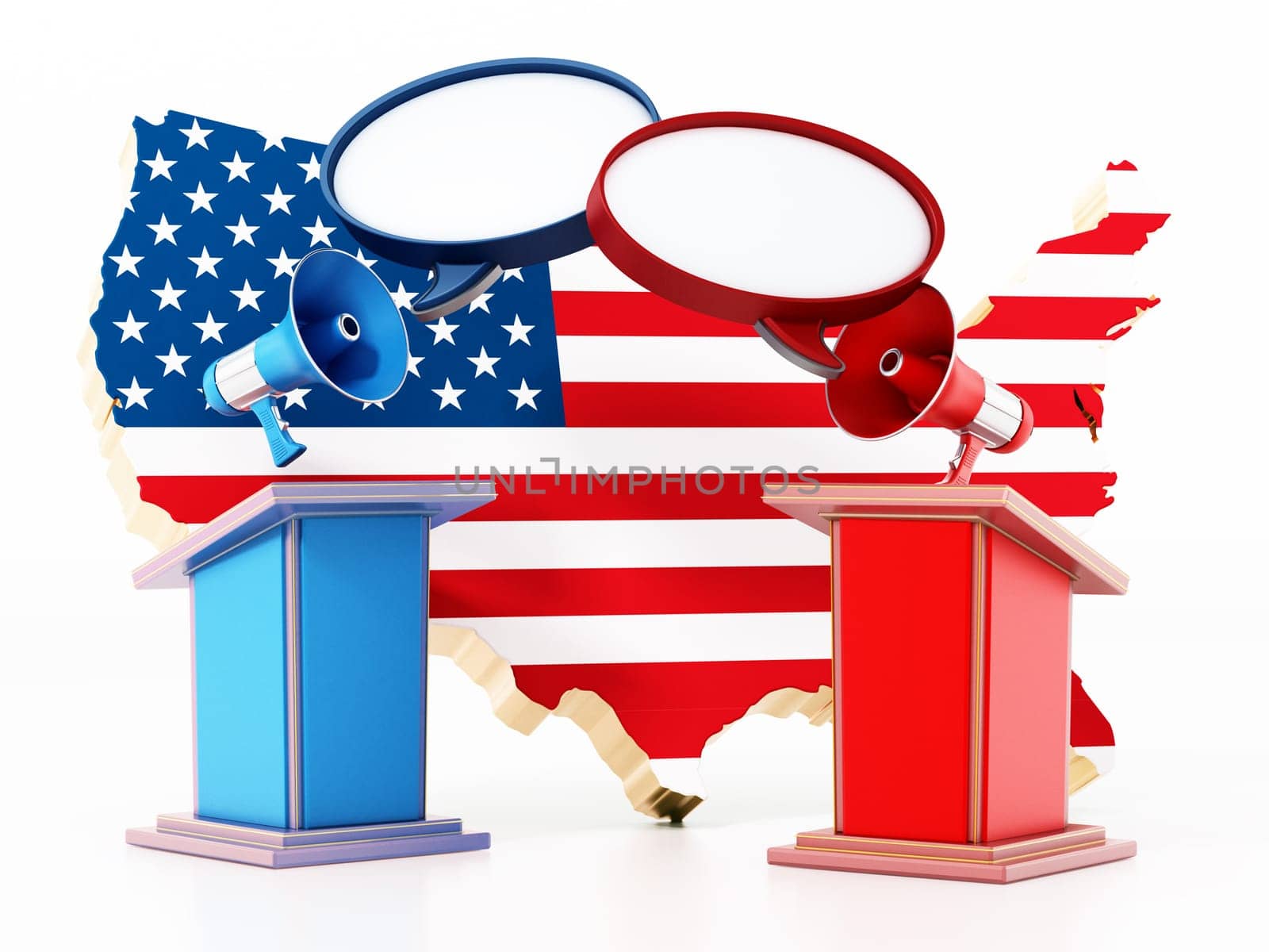 Blue and red lecterns with USA map. 3D illustration.