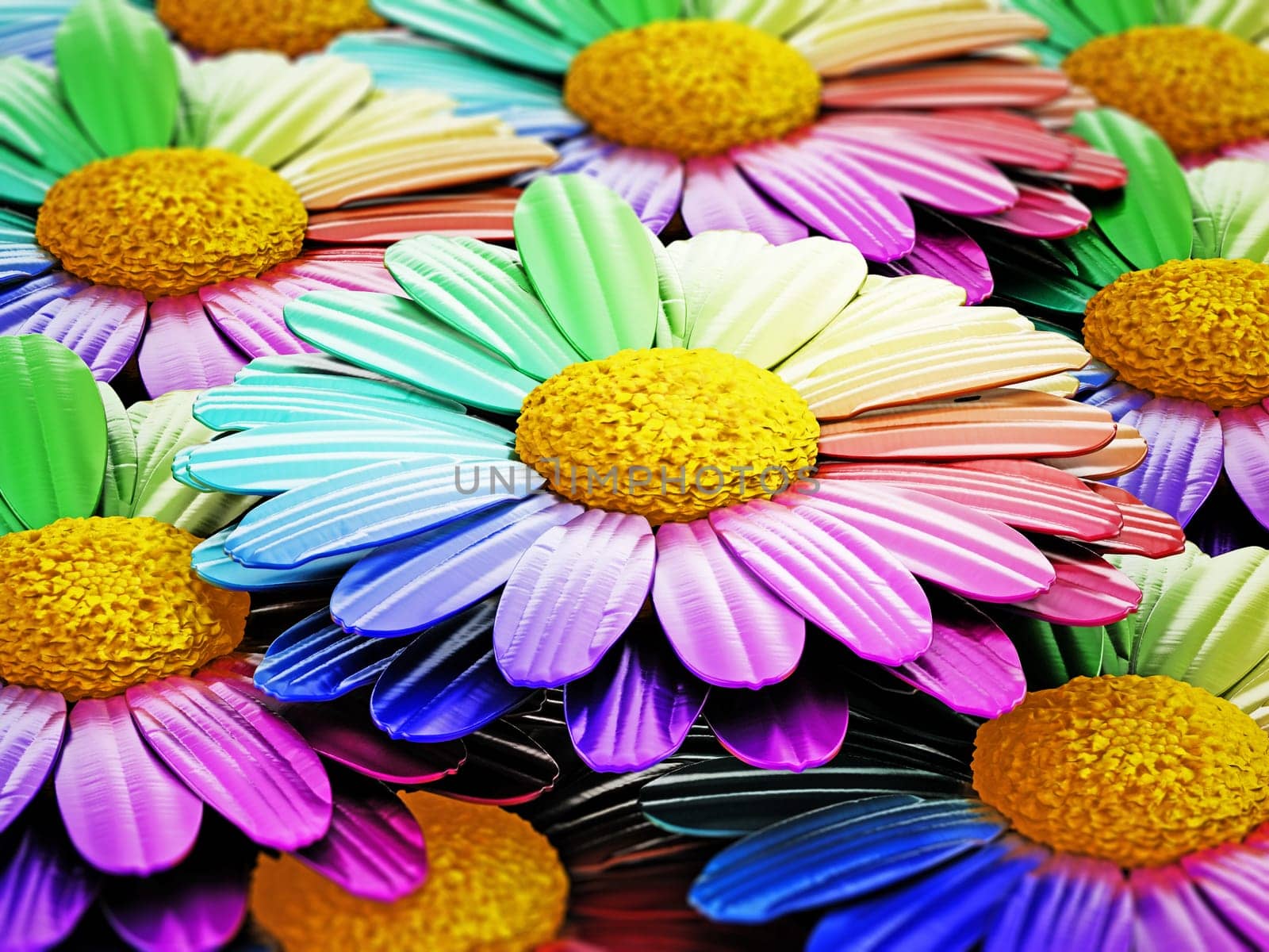 Stack of multi colored daisies. 3D illustration.