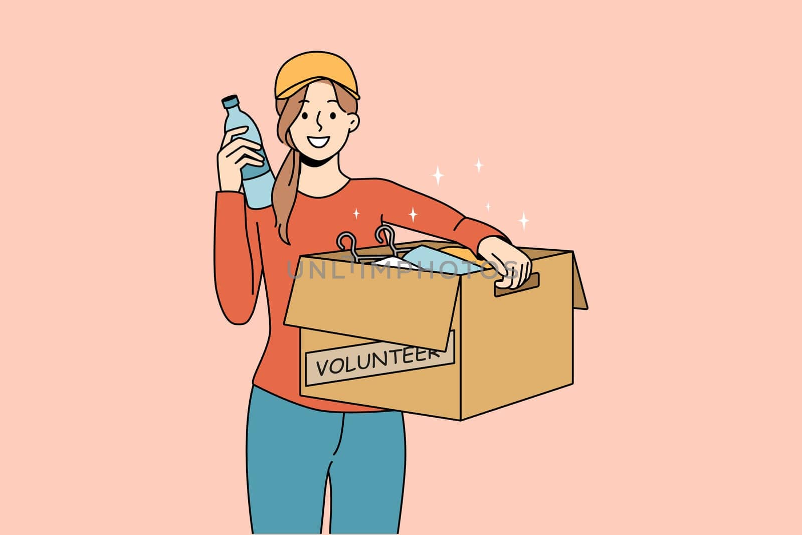 Woman volunteer hold box with food and supplies