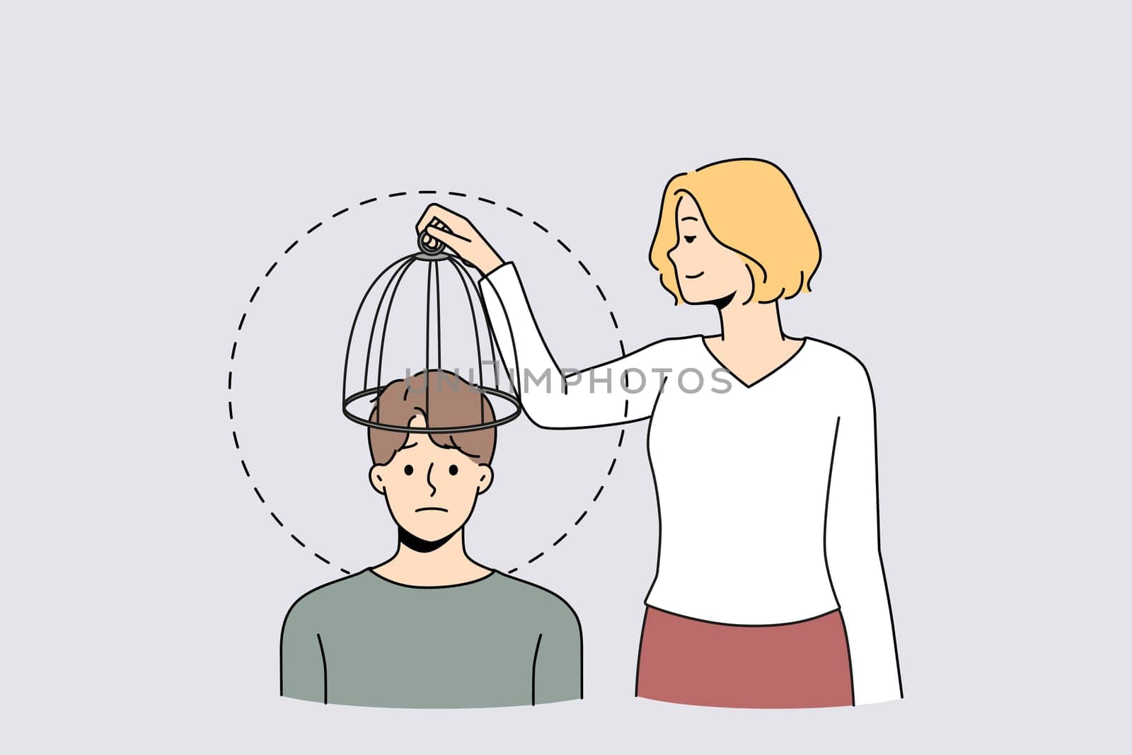 Woman take cage from man head free his mind to new ideas and knowledge. Concept of brain free from imprisonment. Creative thinking and unlock potential. Vector illustration.