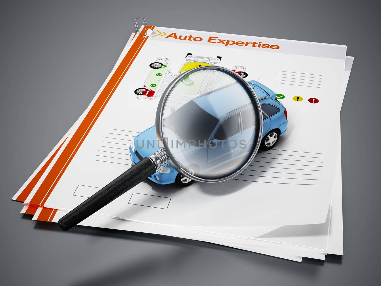 Auto expertise concept. Magnifying glass on the model car with test results. 3D illustration.