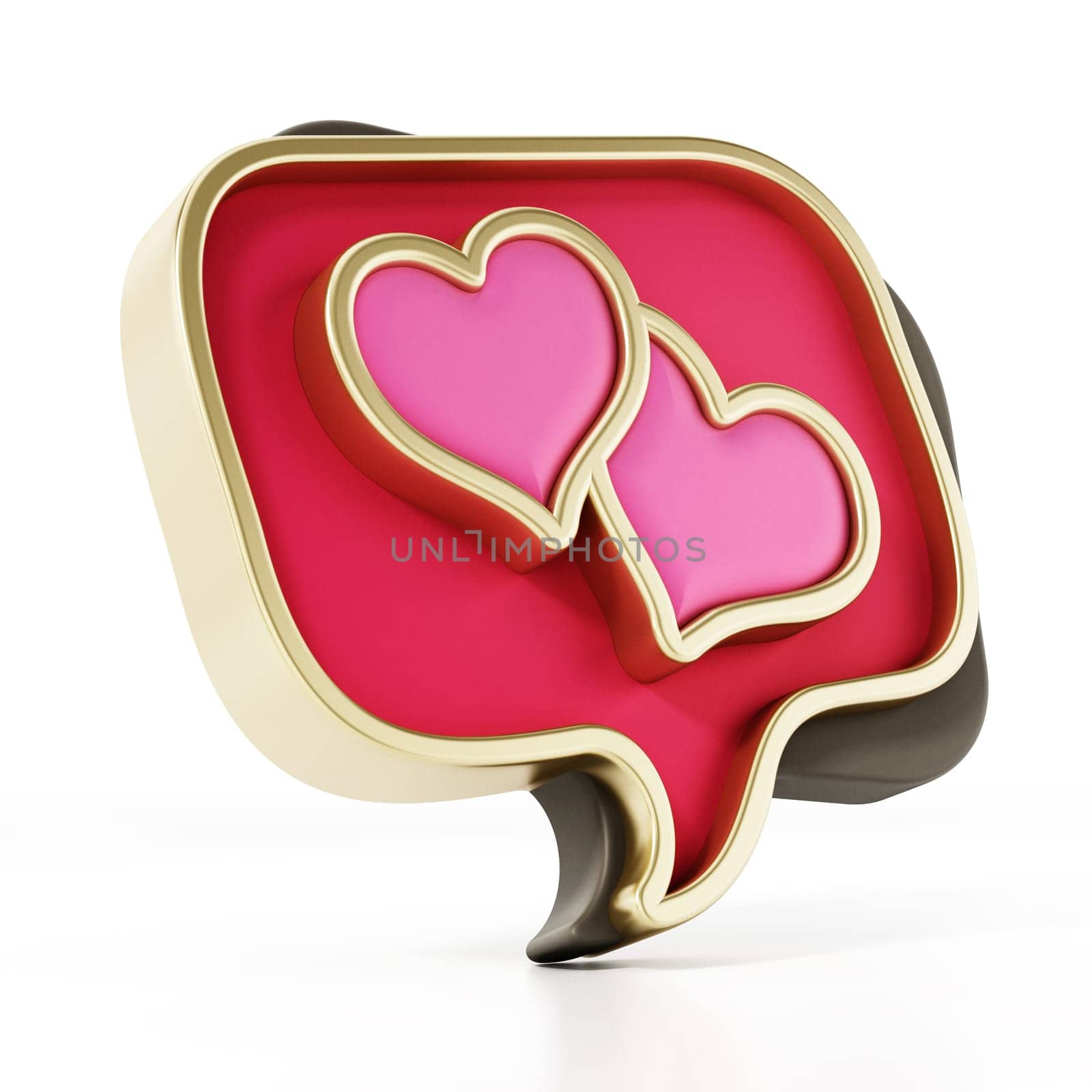 Speech balloons with heart icons isolated on white background. 3D illustration.