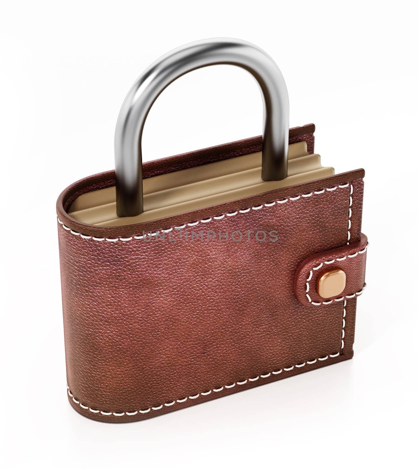 Wallet with padlock top isolated on white background. 3D illustration.