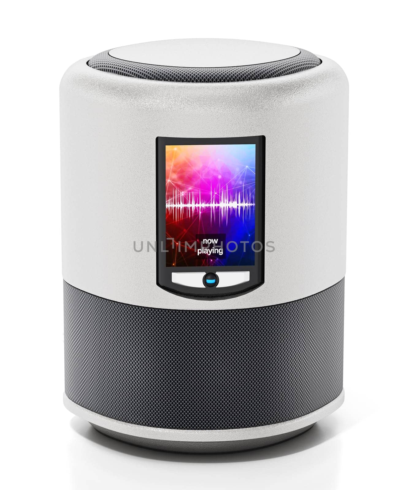 Smart speaker with LCD screen isolated on white background. 3D illustration.