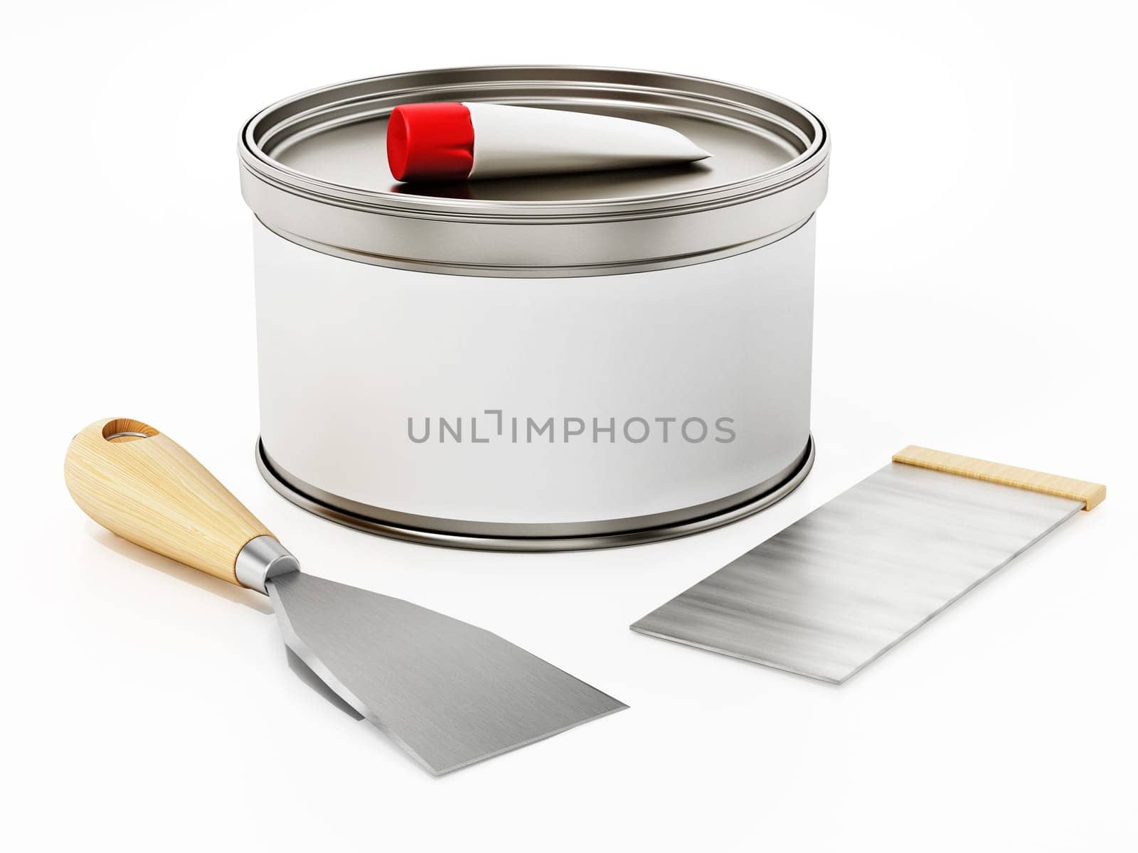 Car repair filler putty and spatulas. 3D illustration.