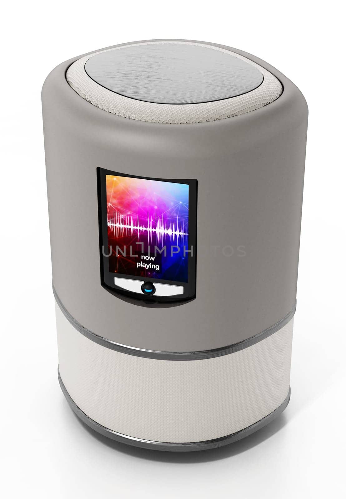 Smart speaker with LCD screen isolated on white background. 3D illustration.
