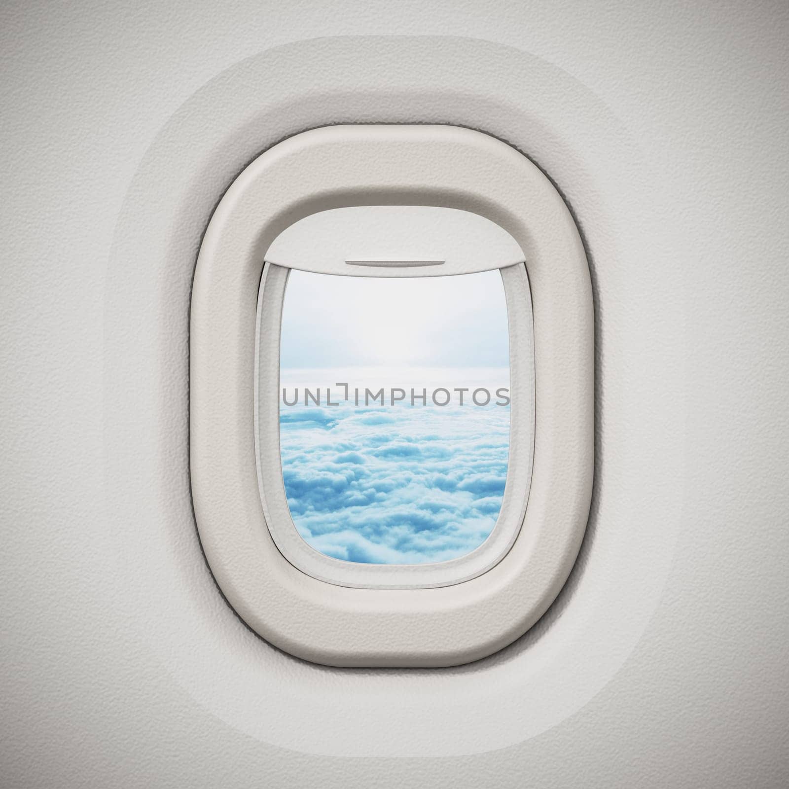 Airplane window looking through the clouds. 3D illustration.