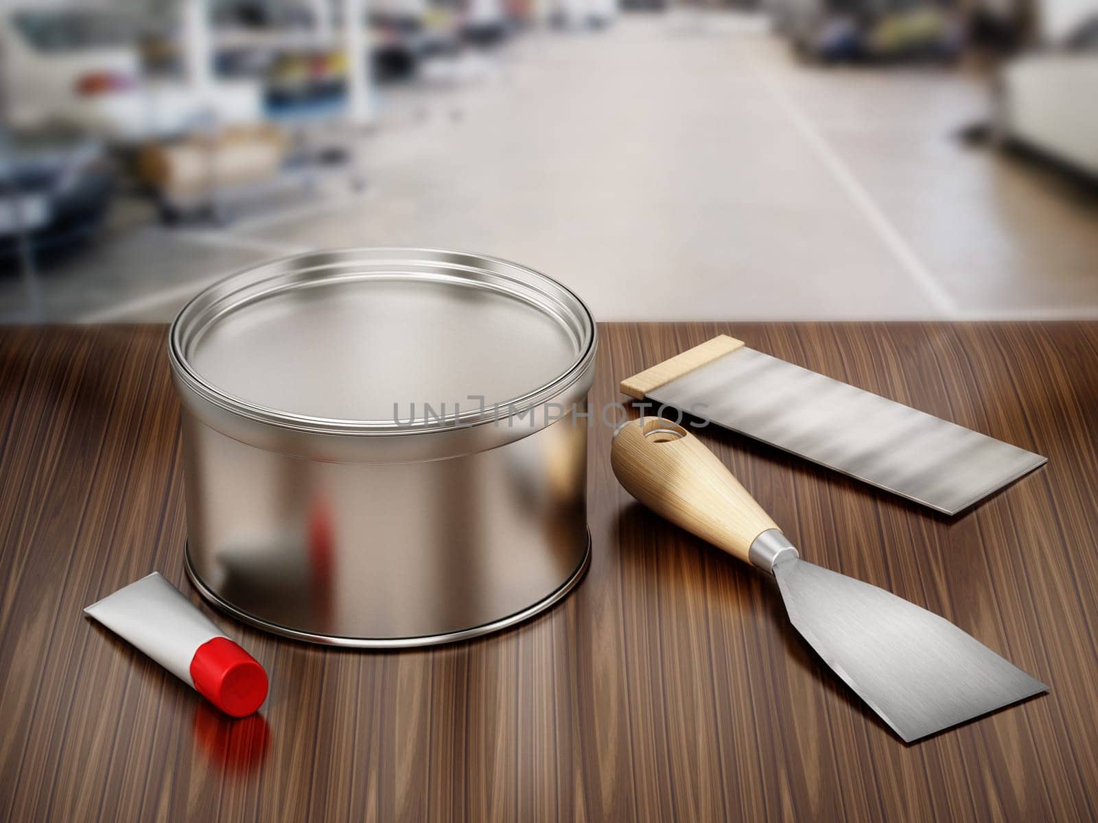 Car repair filler putty and spatulas. 3D illustration.