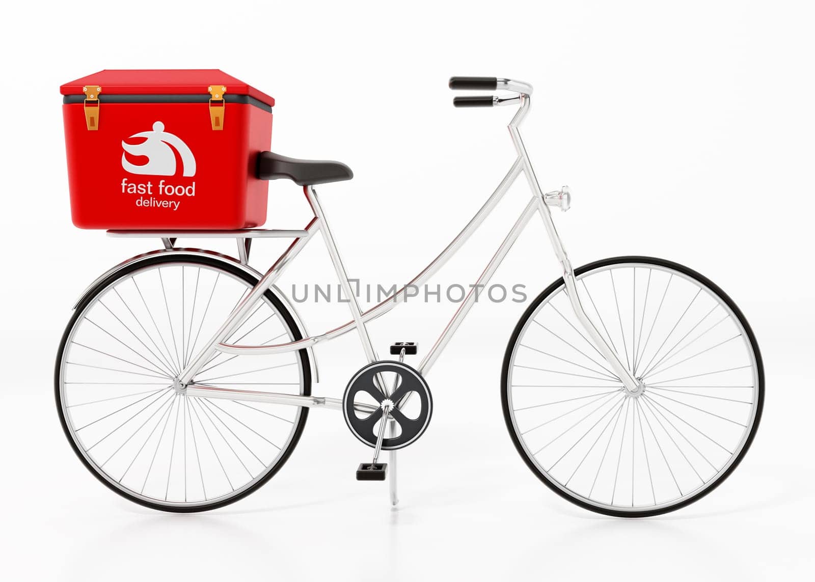 Fast food delivery bicycle isolated on white background. 3D illustration.