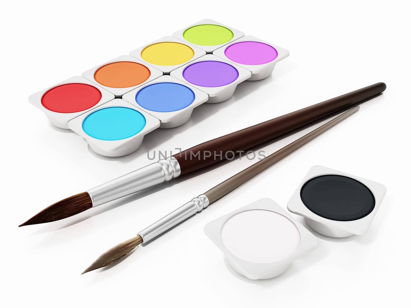 Watercolor paints and paintbrushes isolated on white background. 3D illustration.