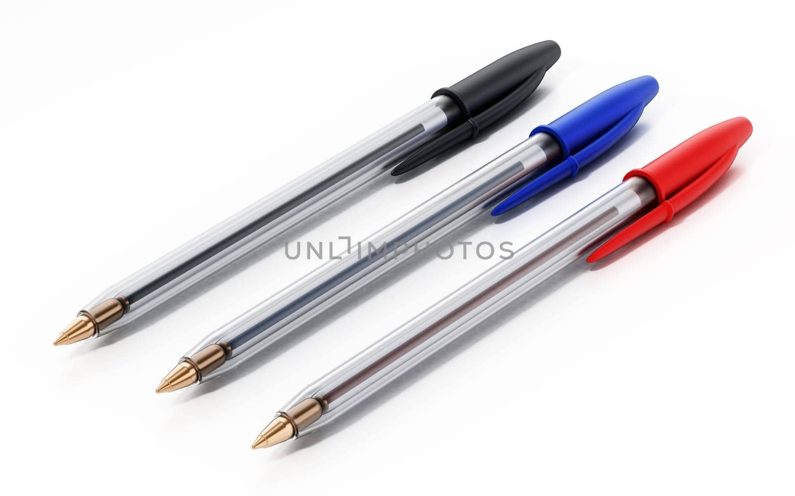 Black, blue and red ball point pens isolated on white. 3D illustration.
