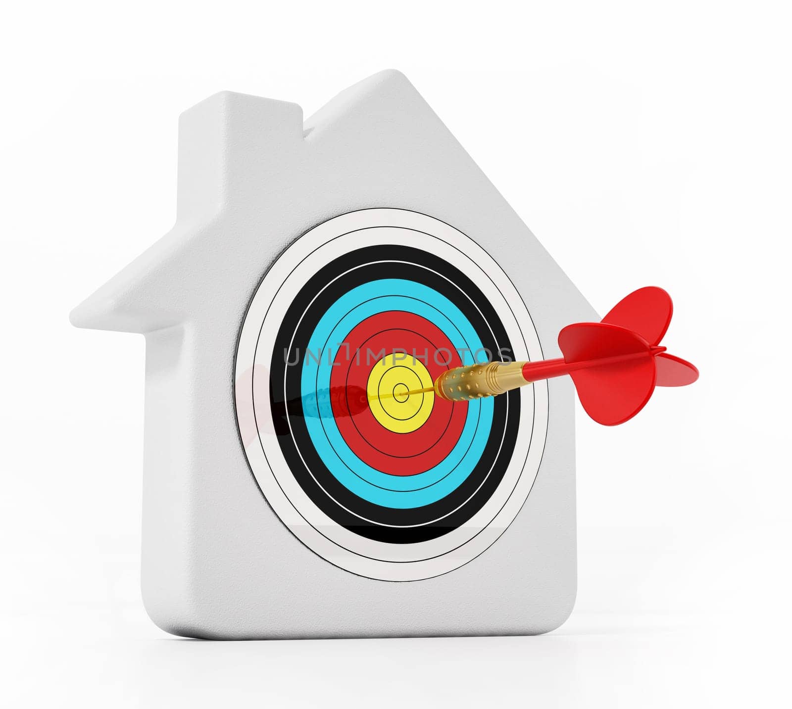 House symbol with dart hit at bull's eye. 3D illustration.