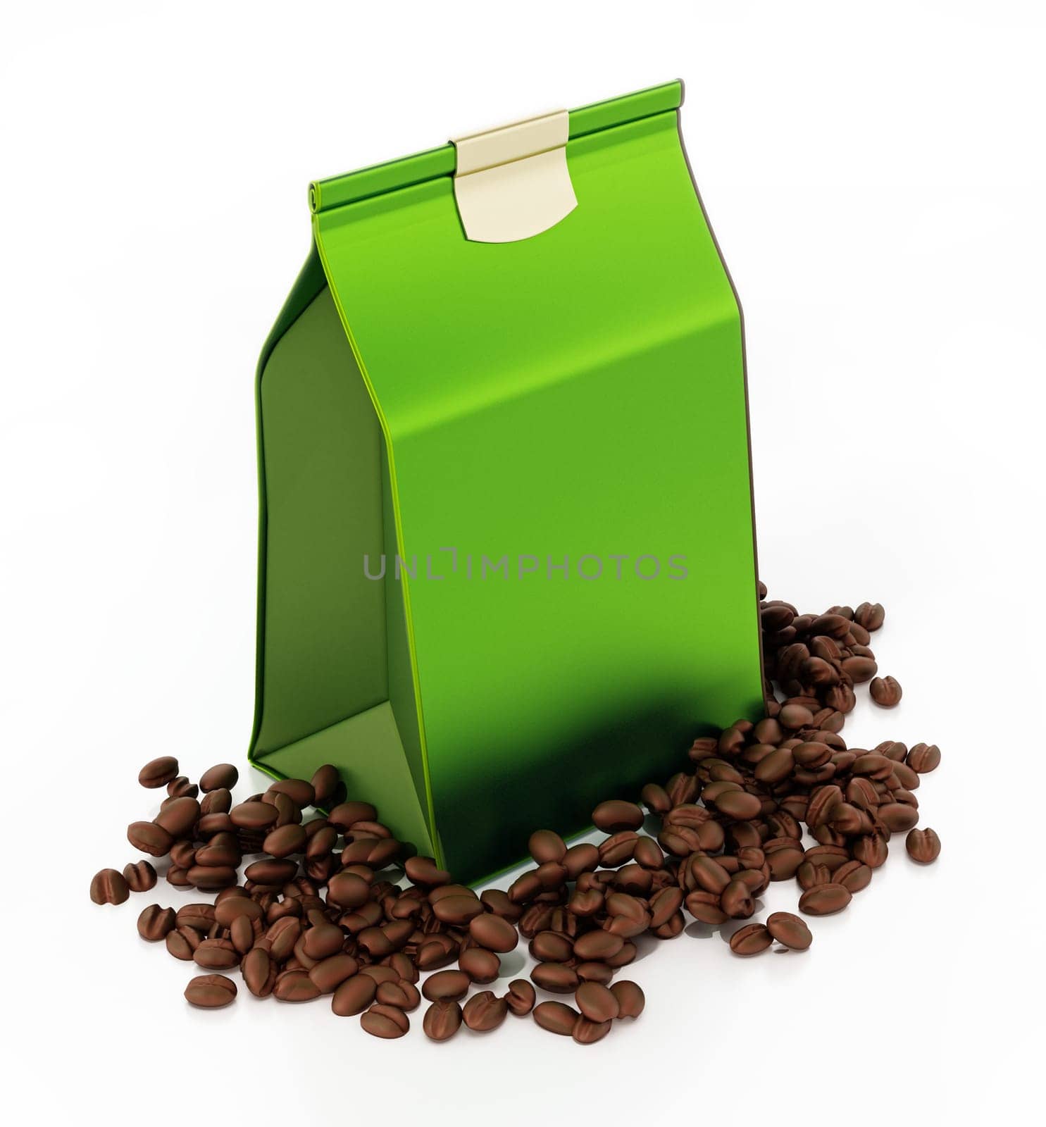 Fresh coffee beans and filter coffee package. 3D illustration.