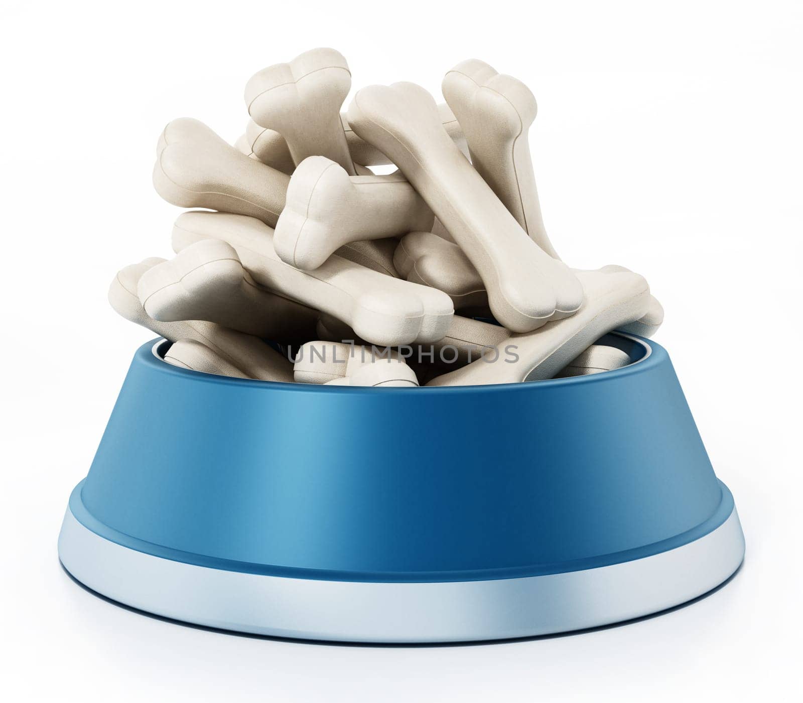 Dog food plate full of bones isolated on white background. 3D illustration.