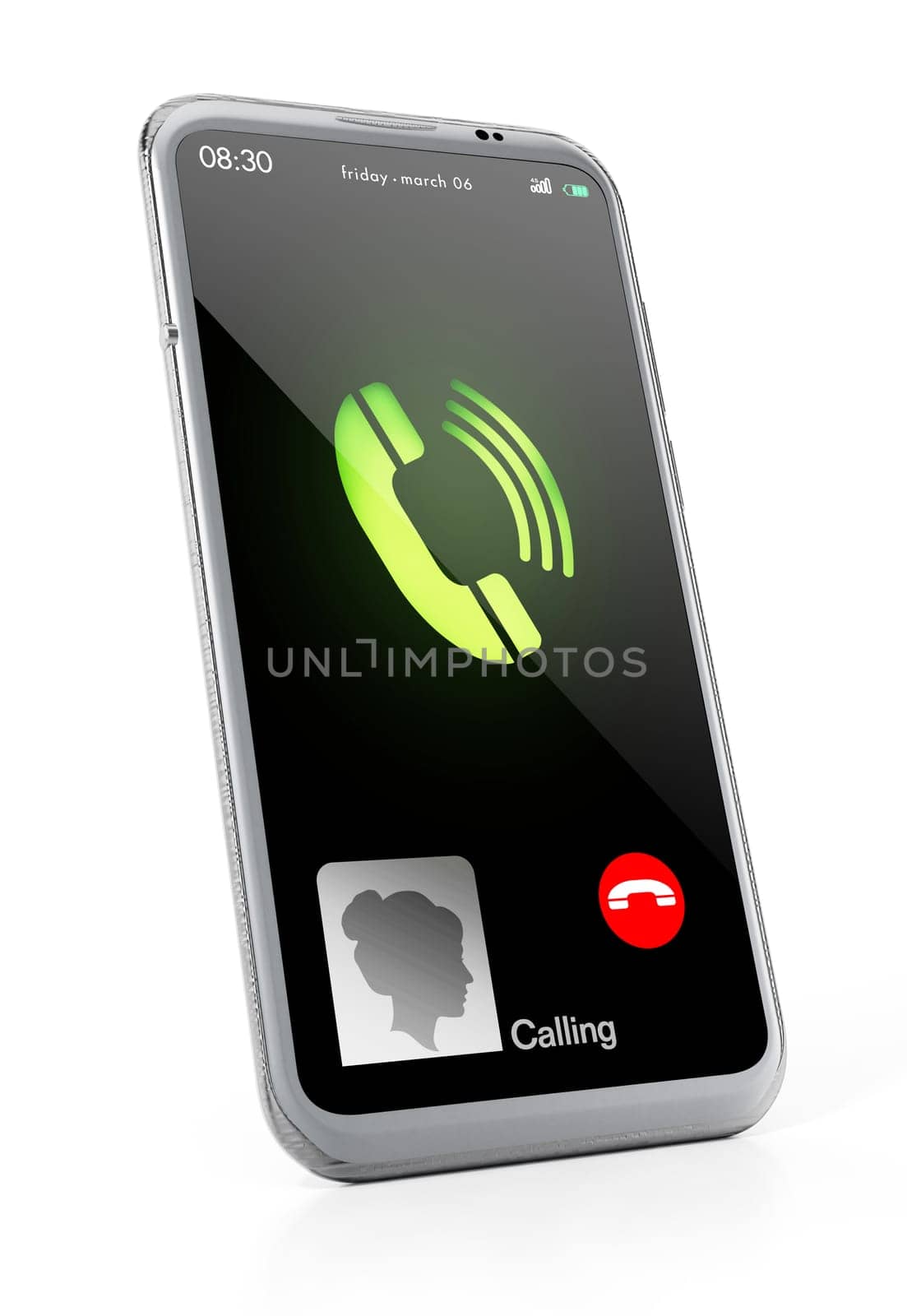 Fictitious smartphone call screen and icons. 3D illustration.