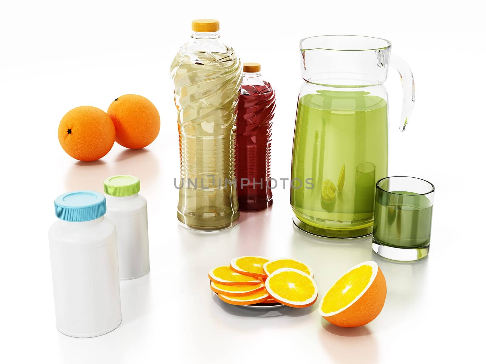 Detox concept with fresh juice bottles, pills and fruits. 3D illustration.