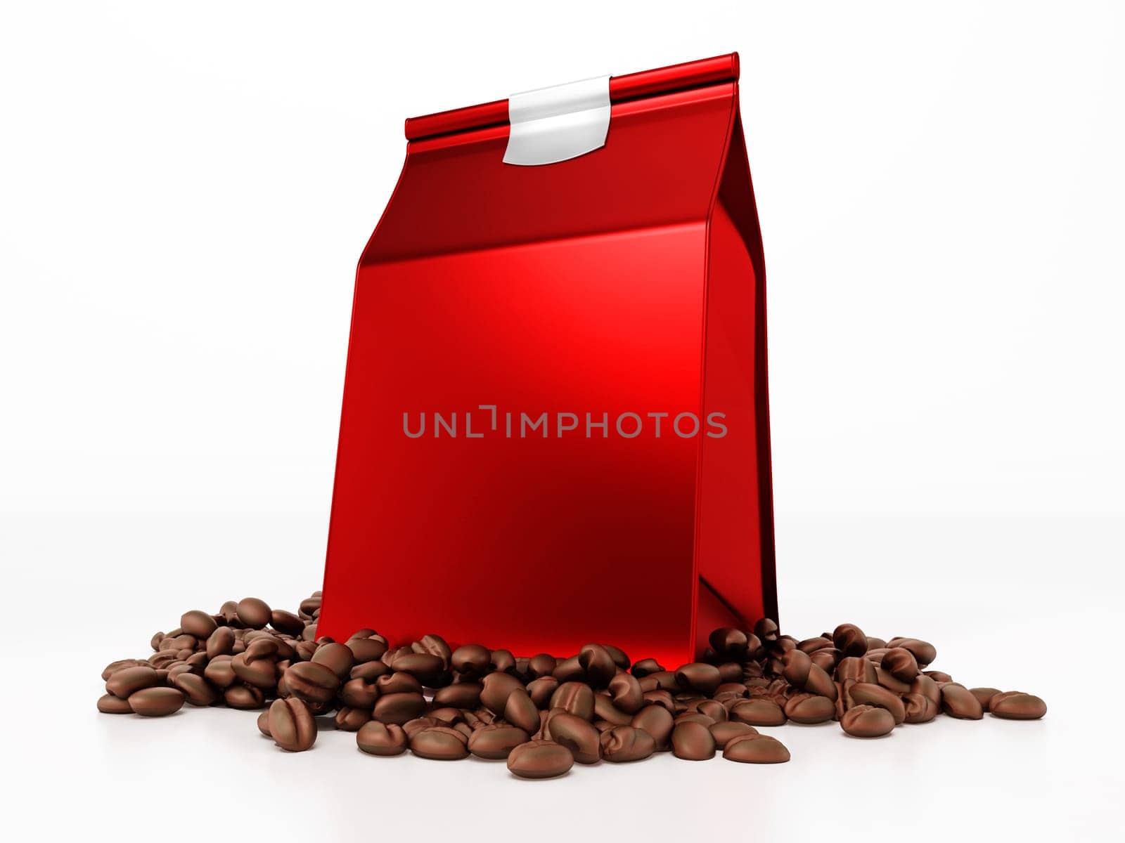 Fresh coffee beans and filter coffee package. 3D illustration.
