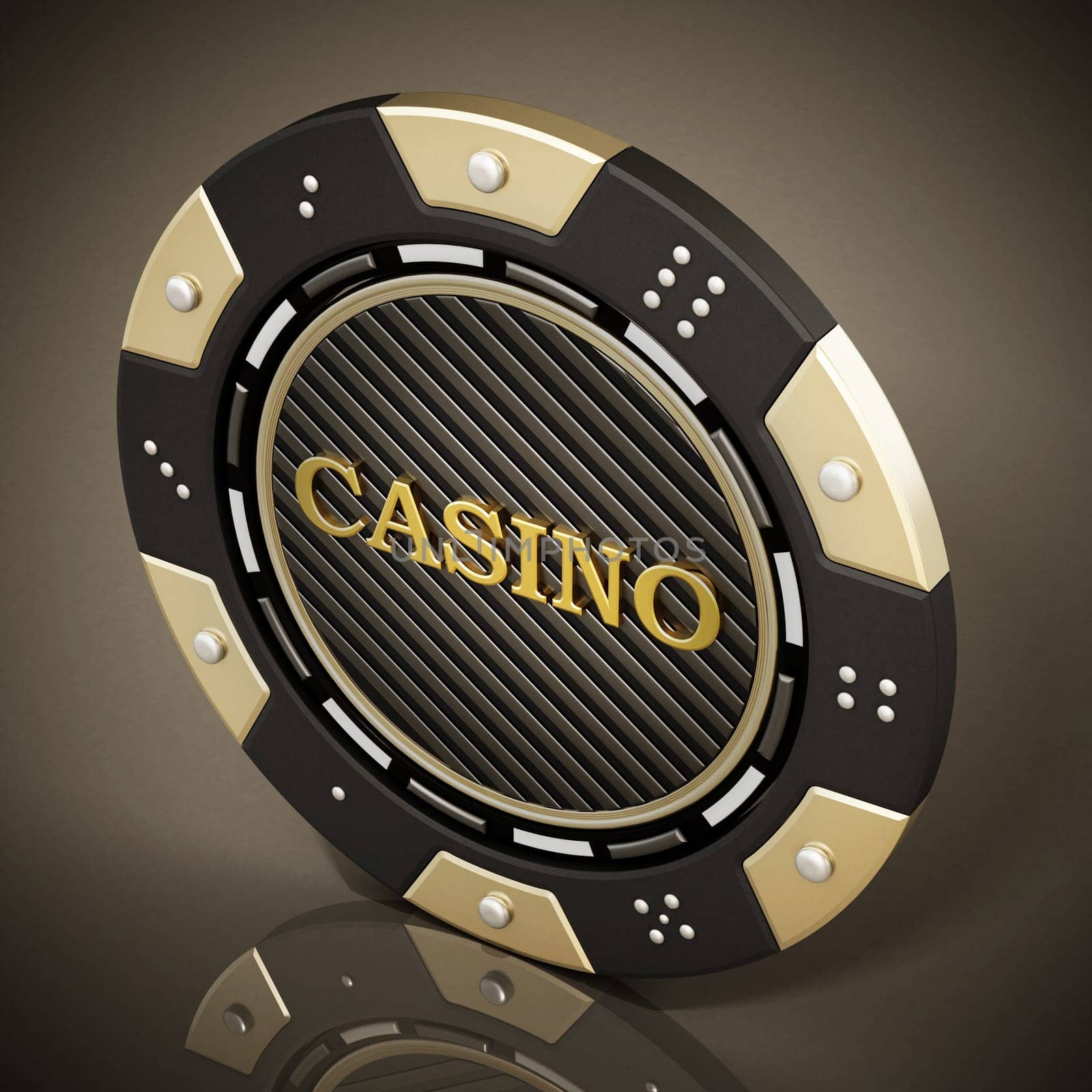 Casino chip on reflective dark background. 3D illustration.
