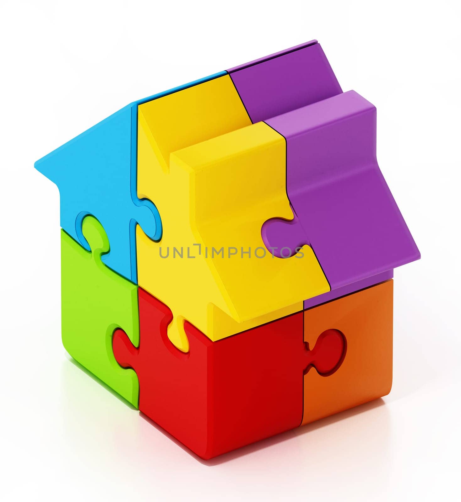 Jigsaw puzzle pieces connected to each other forming a house. 3D illustration.
