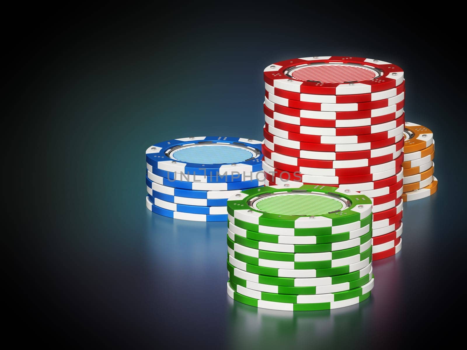 Casino chips on reflective dark background. 3D illustration.