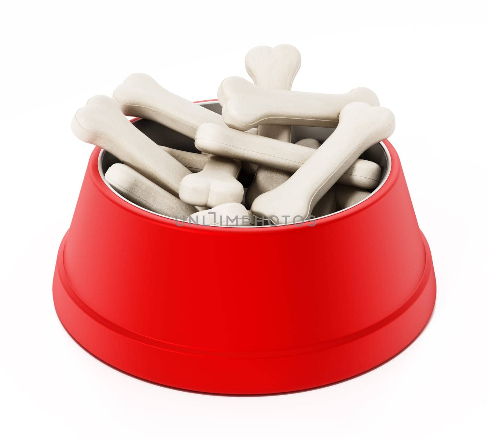 Dog food plate full of bones isolated on white background. 3D illustration.