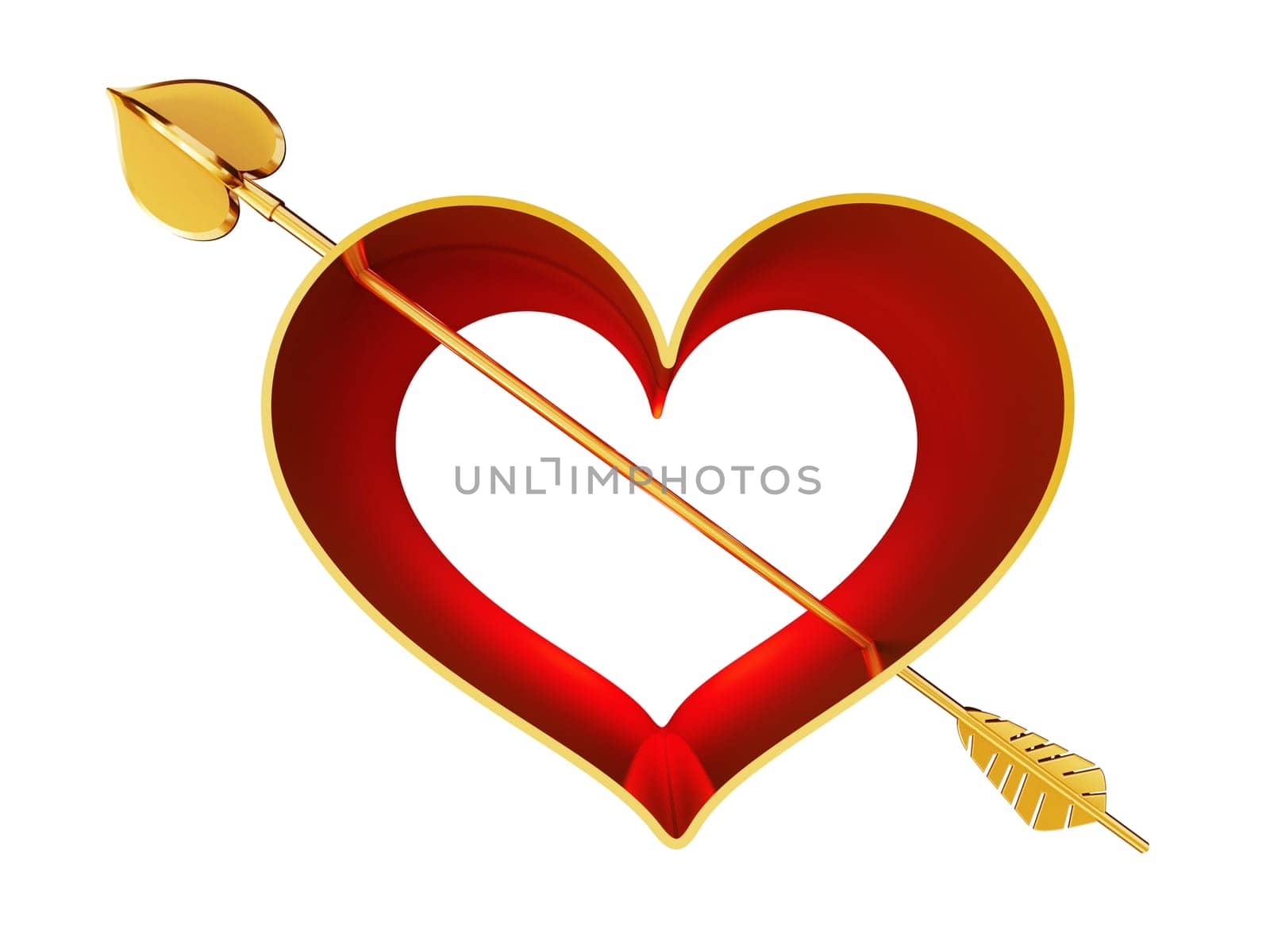 Cupid's arrow with heart shape. 3D illustration.