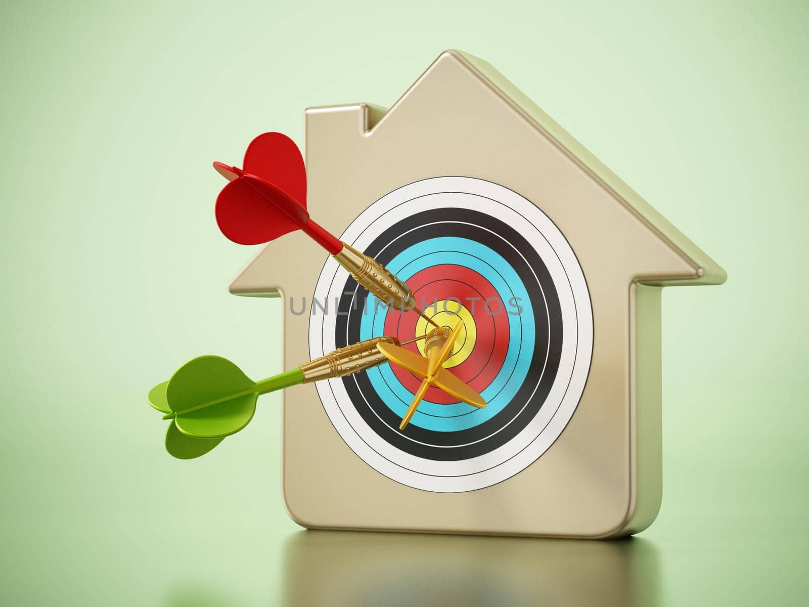 House symbol with dart hit at bull's eye. 3D illustration.