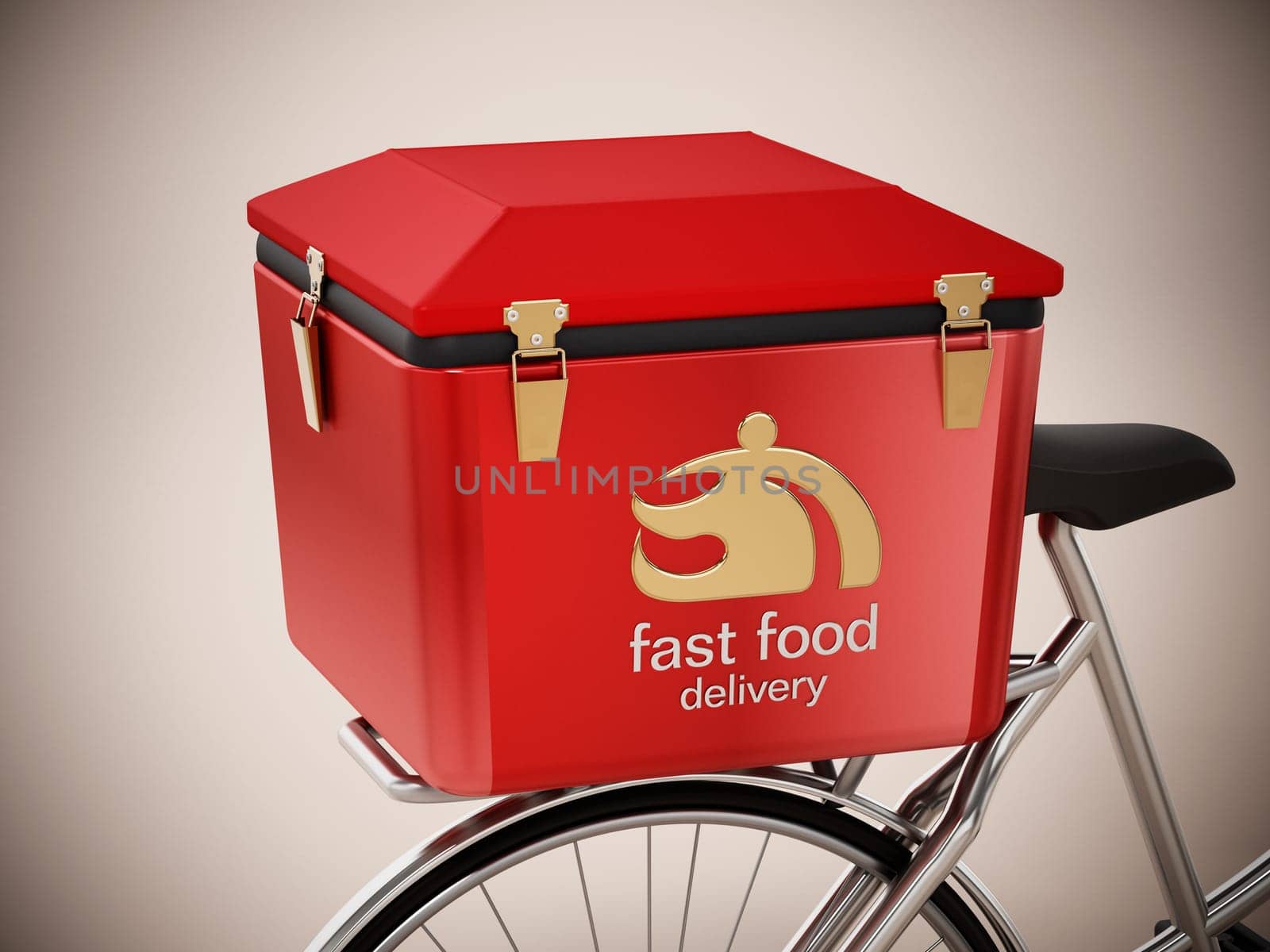 Fast food carrying box loaded on a bicycle. 3D illustration.