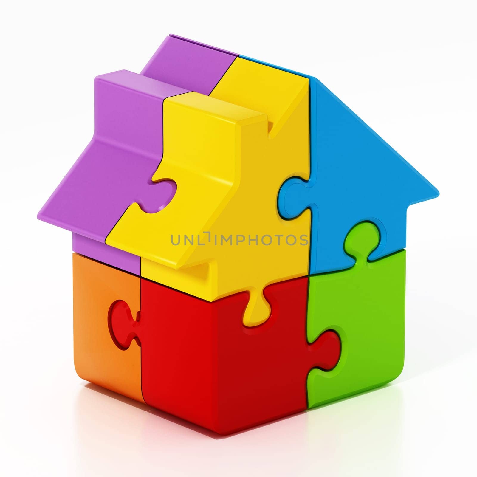 Jigsaw puzzle pieces connected to each other forming a house. 3D illustration.