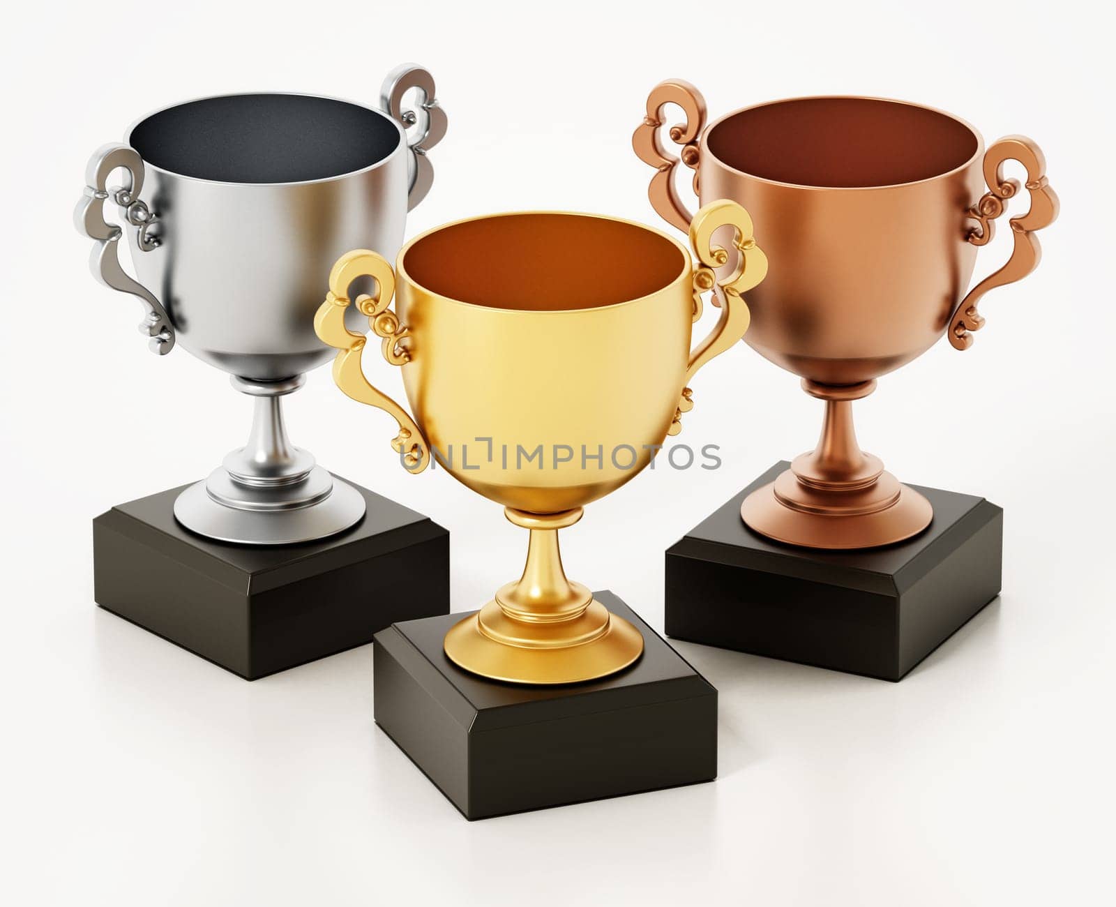 Gold, silver and bronze cups isolated on white background. 3D illustration.