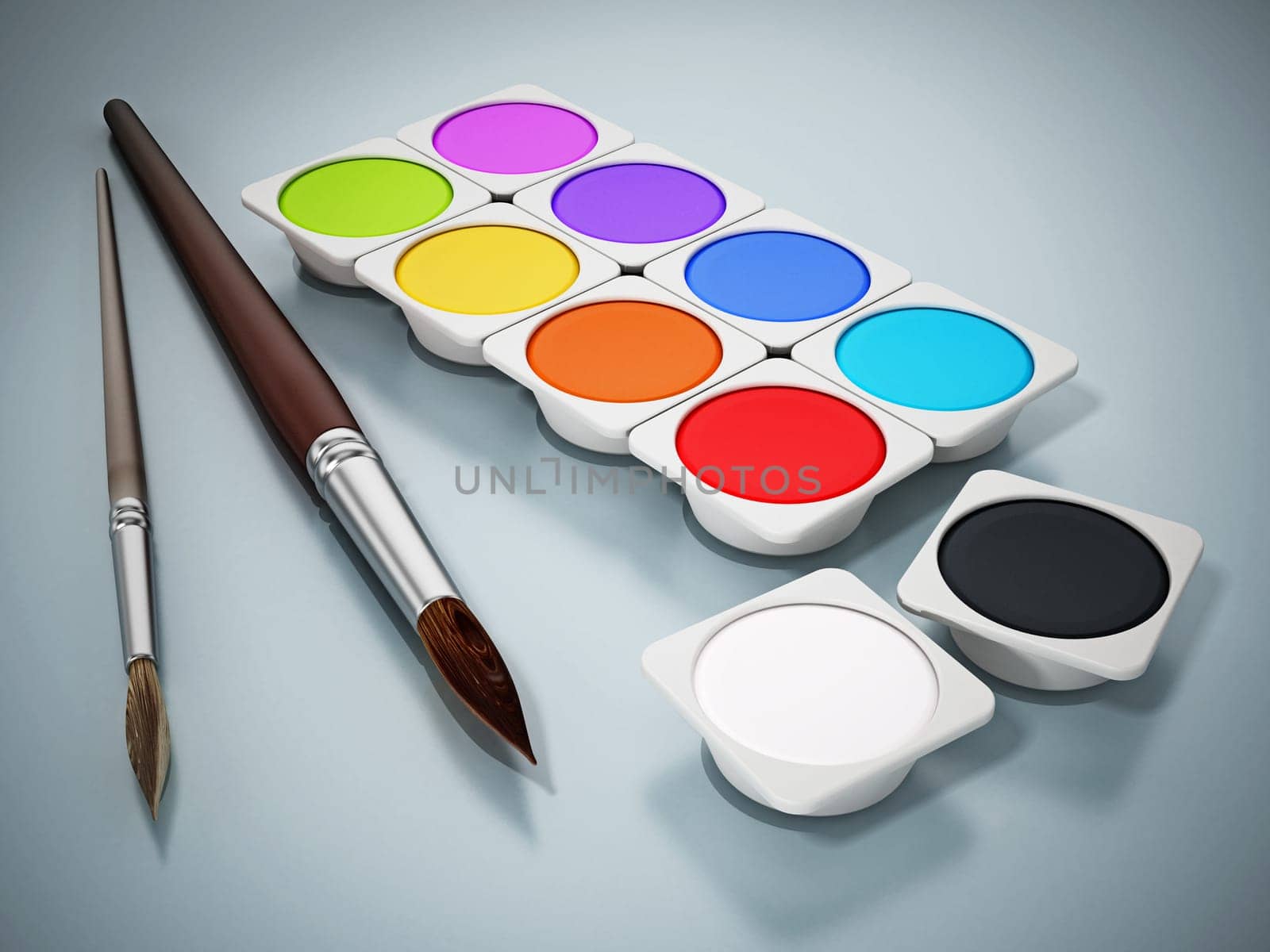 Watercolor paints and paintbrushes isolated on white background. 3D illustration.