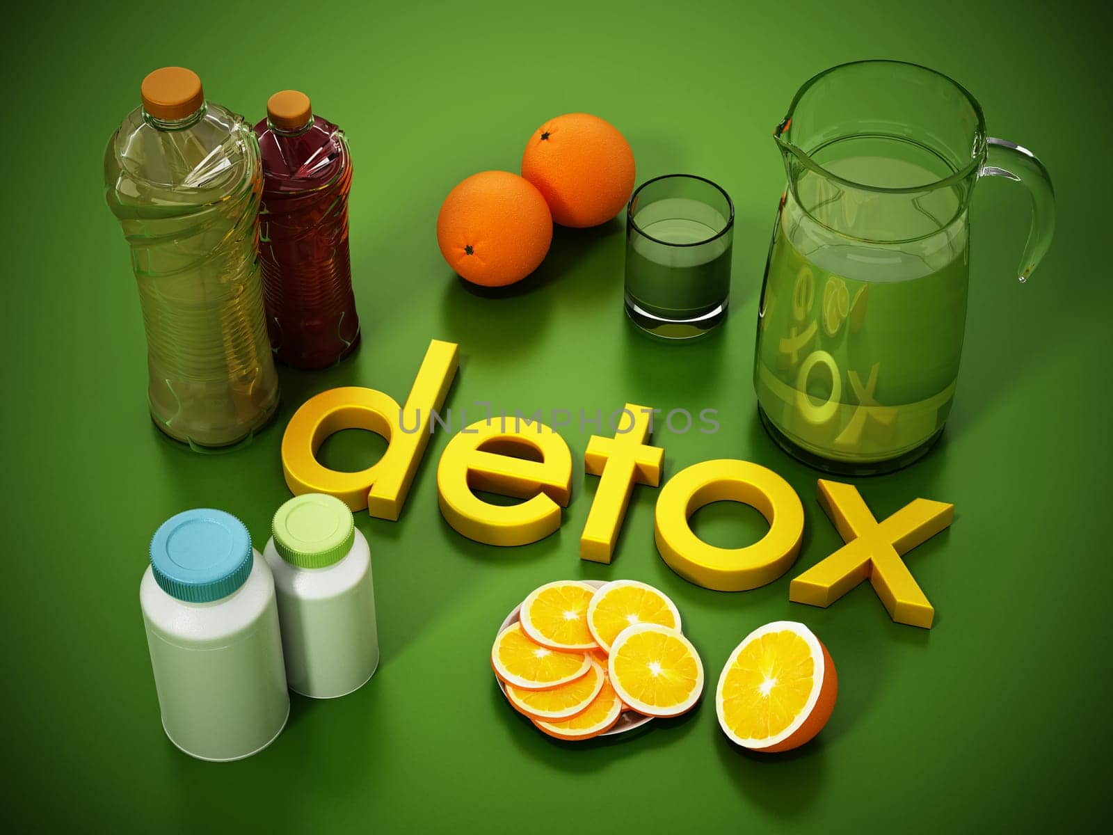 Detox concept with fresh juice bottles, pills and fruits. 3D illustration.