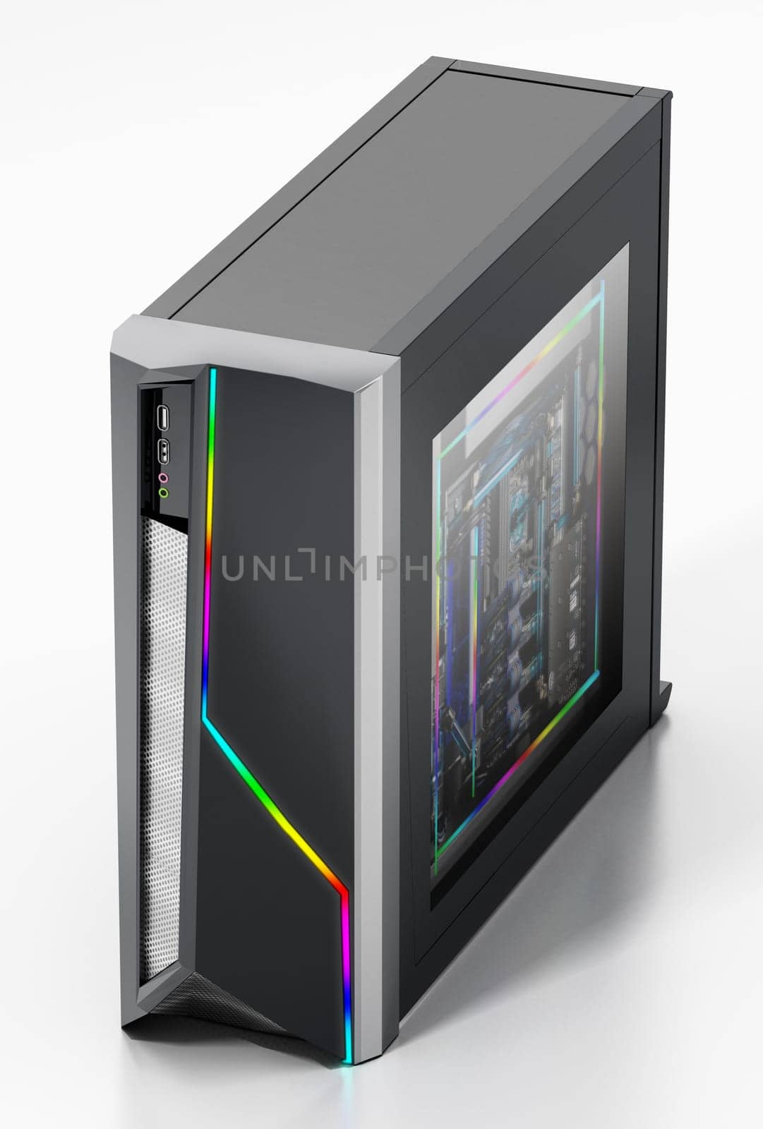 Modern PC case with RGB LED lights. 3D illustration.