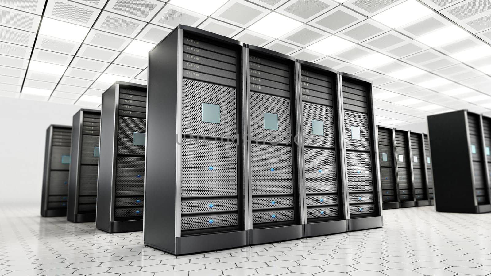 Network servers in a row in the room. 3D illustration.