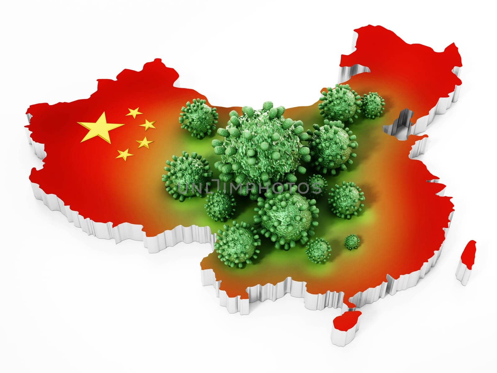 Group of viruses on china map and flag. 3D illustration.