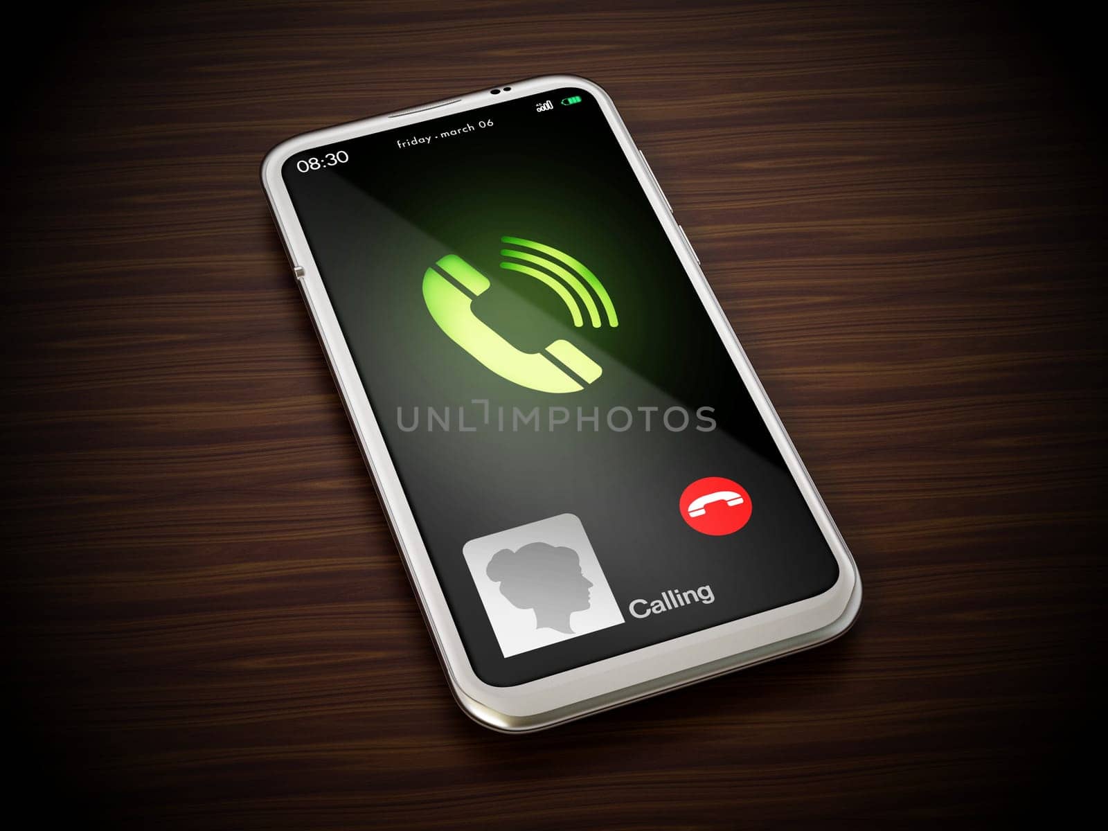 Fictitious smartphone call screen and icons. 3D illustration.