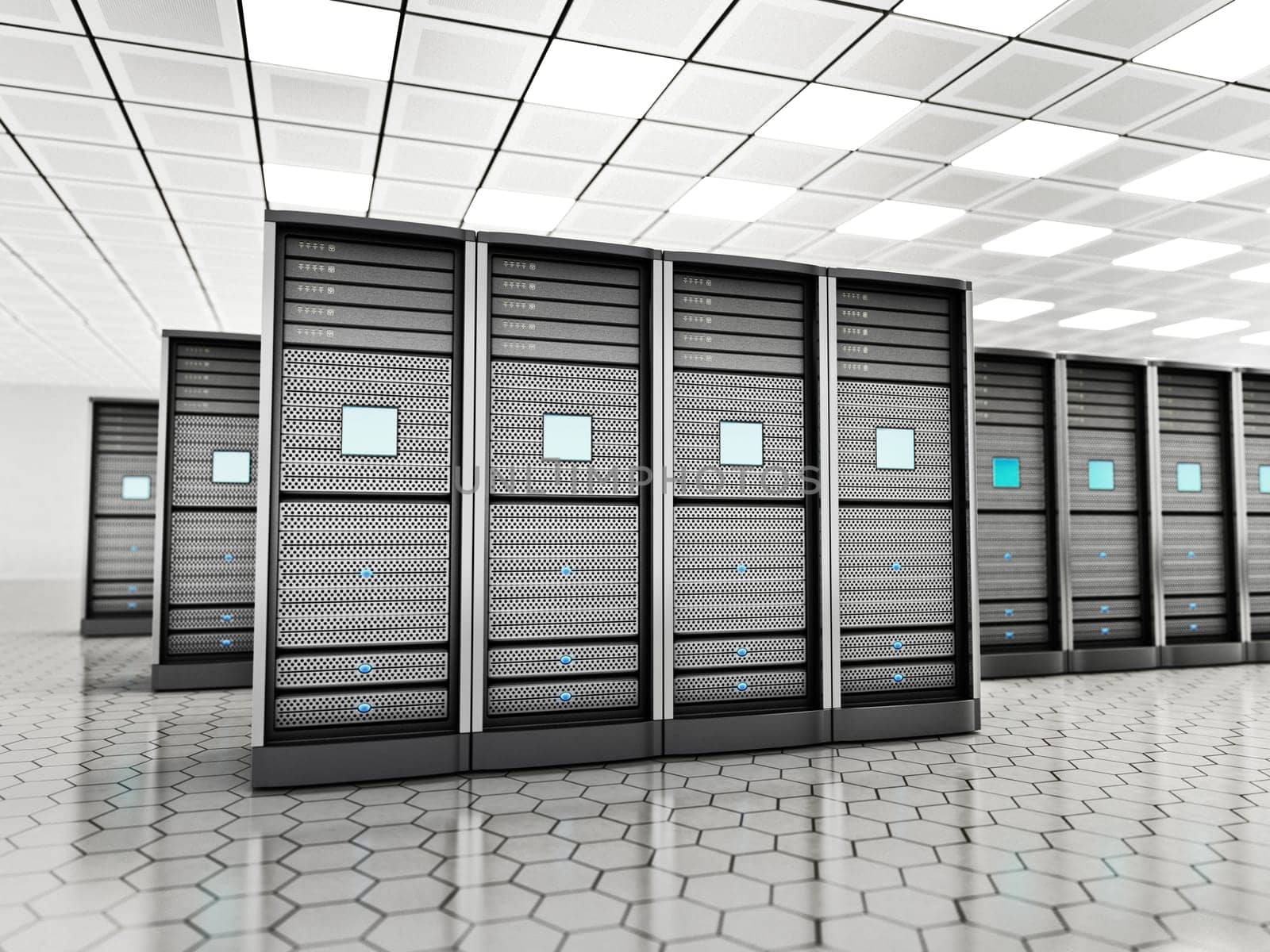 Network servers in a row in the room. 3D illustration.