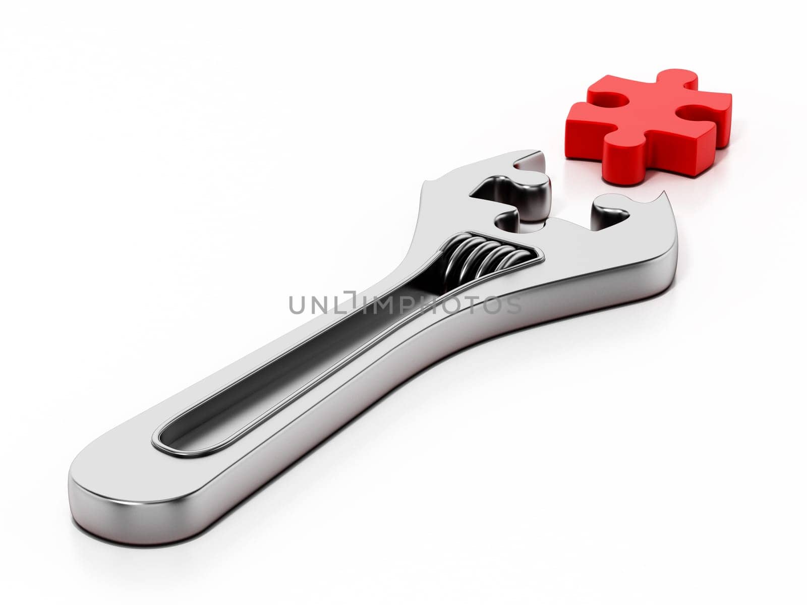 Wrench and puzzle part isolated on white background. 3D illustration.