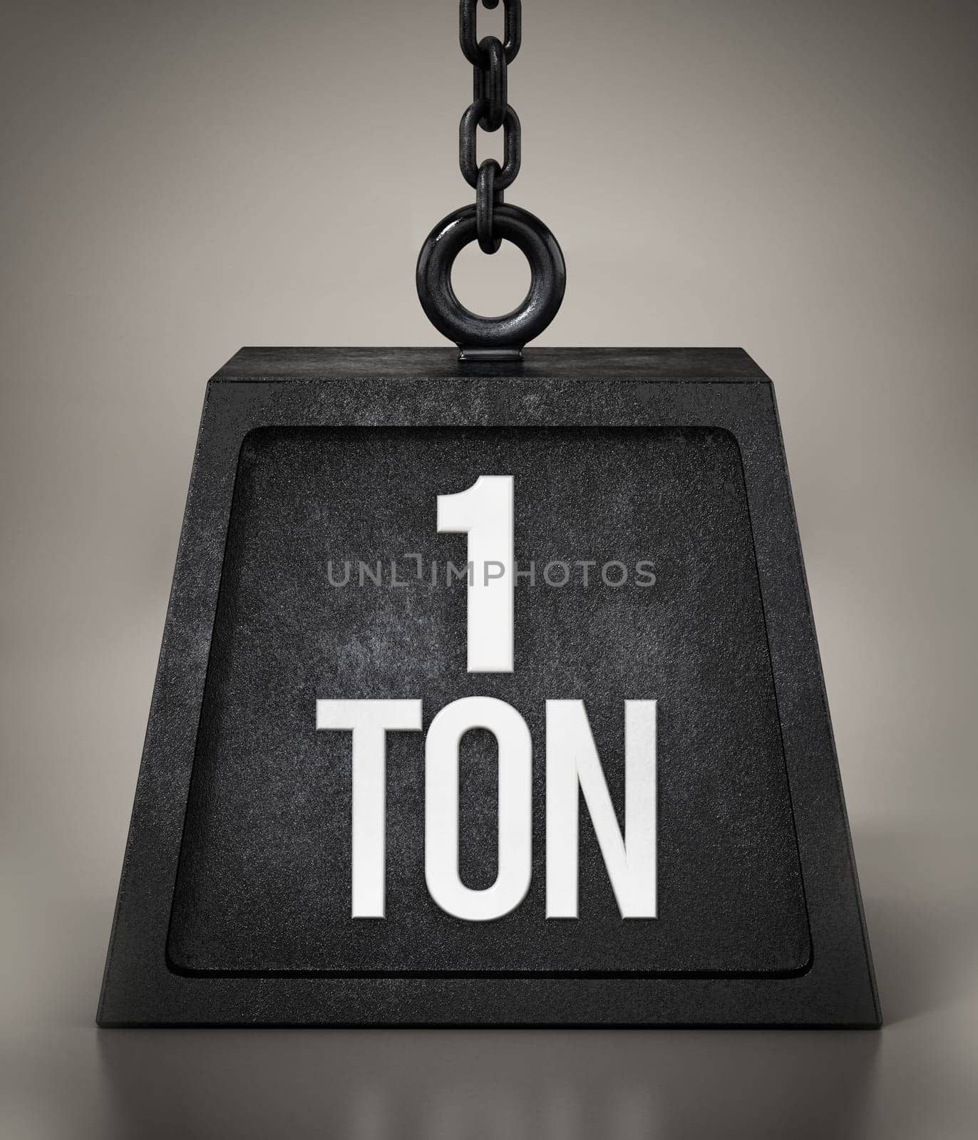 1 ton weight with black chain . 3D illustration.