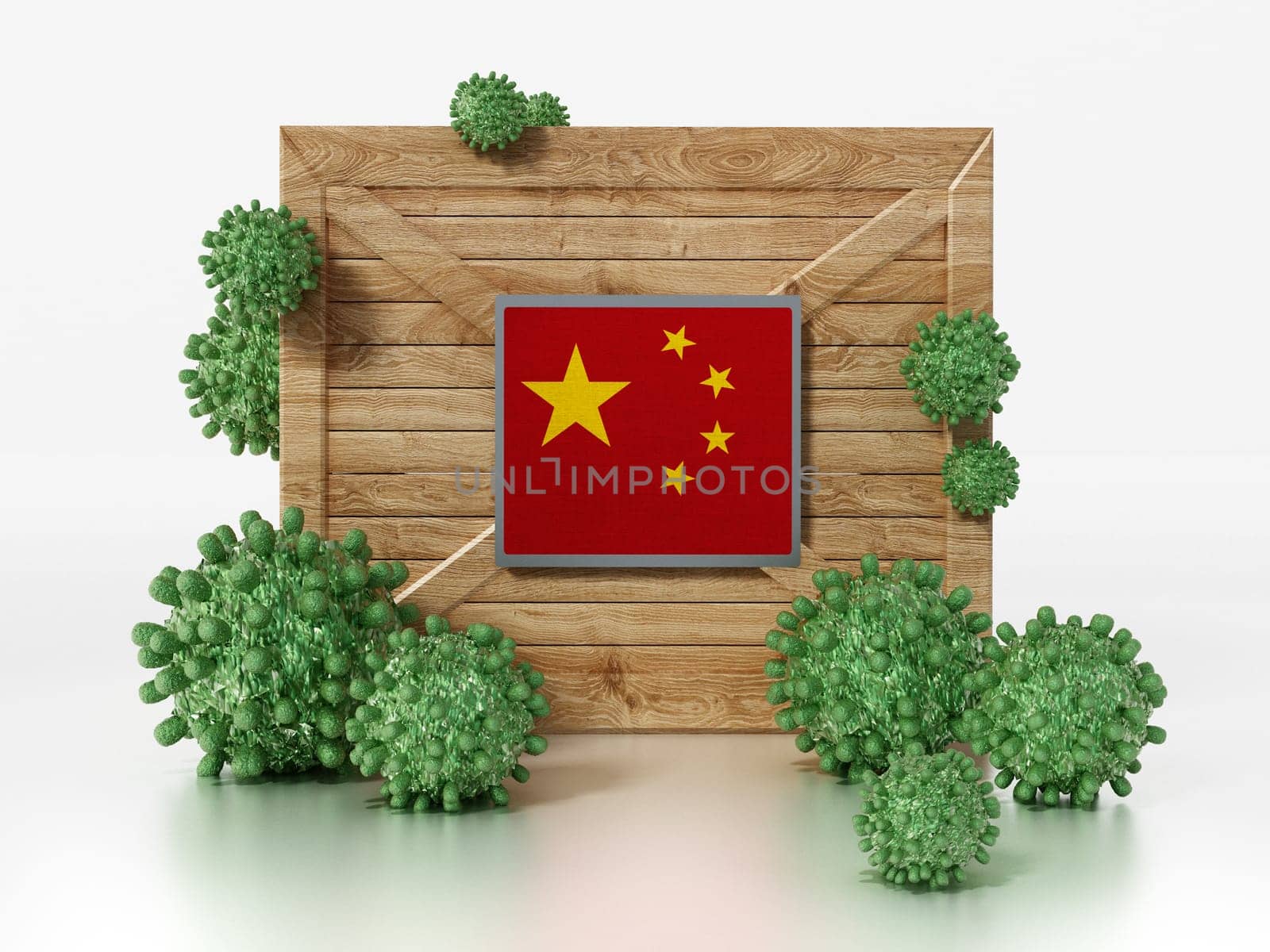 Group of viruses on china map and flag. 3D illustration.