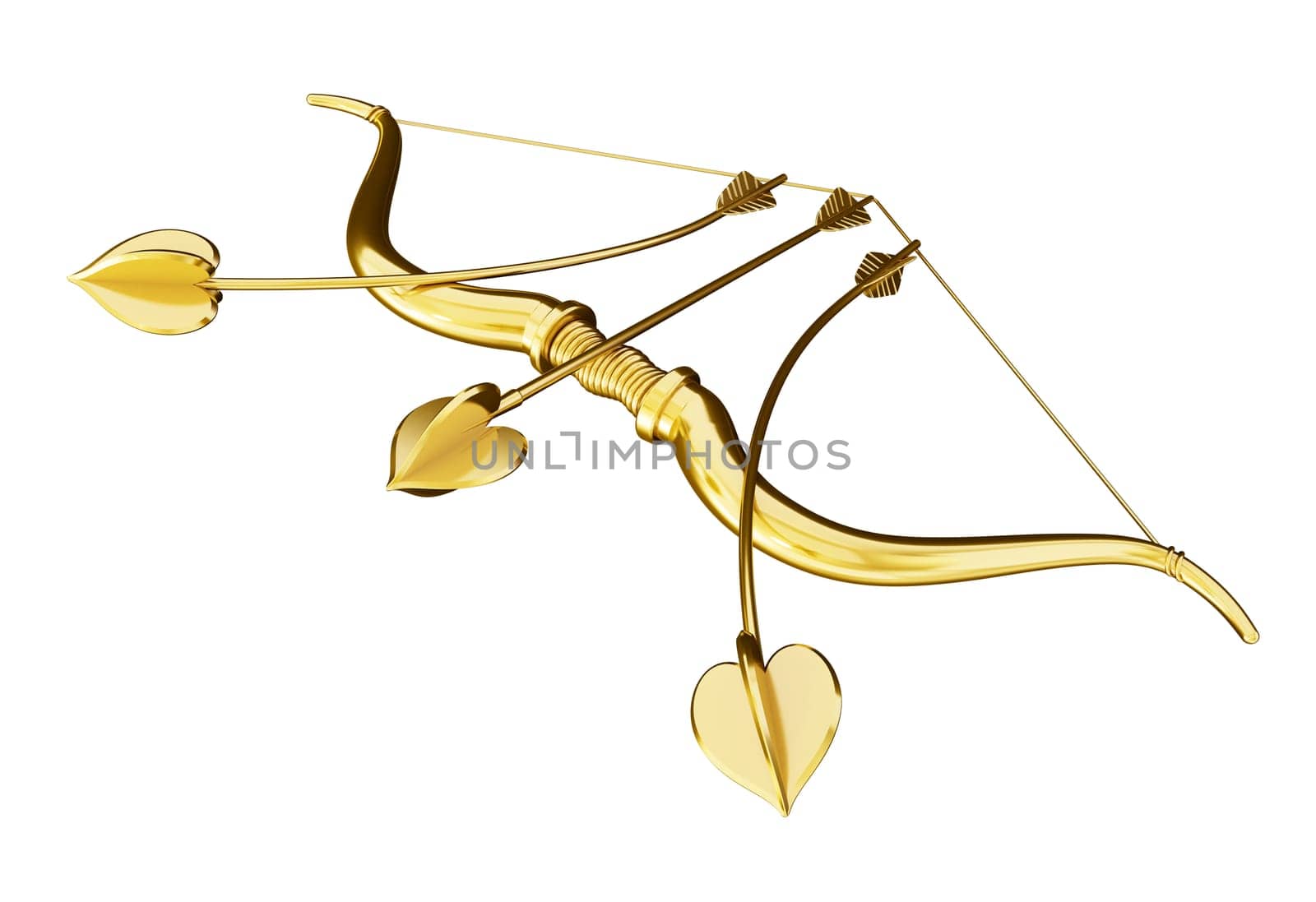 Cupid's bow and arrow with heart shape. 3D illustration.