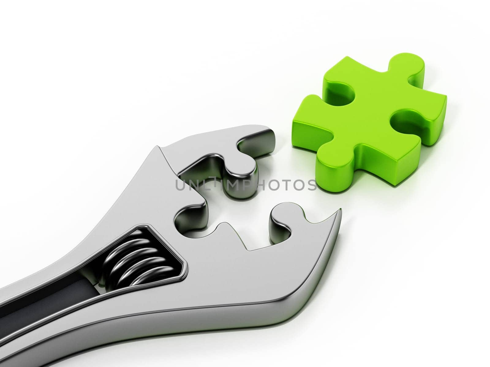 Wrench and puzzle part isolated on white background. 3D illustration.