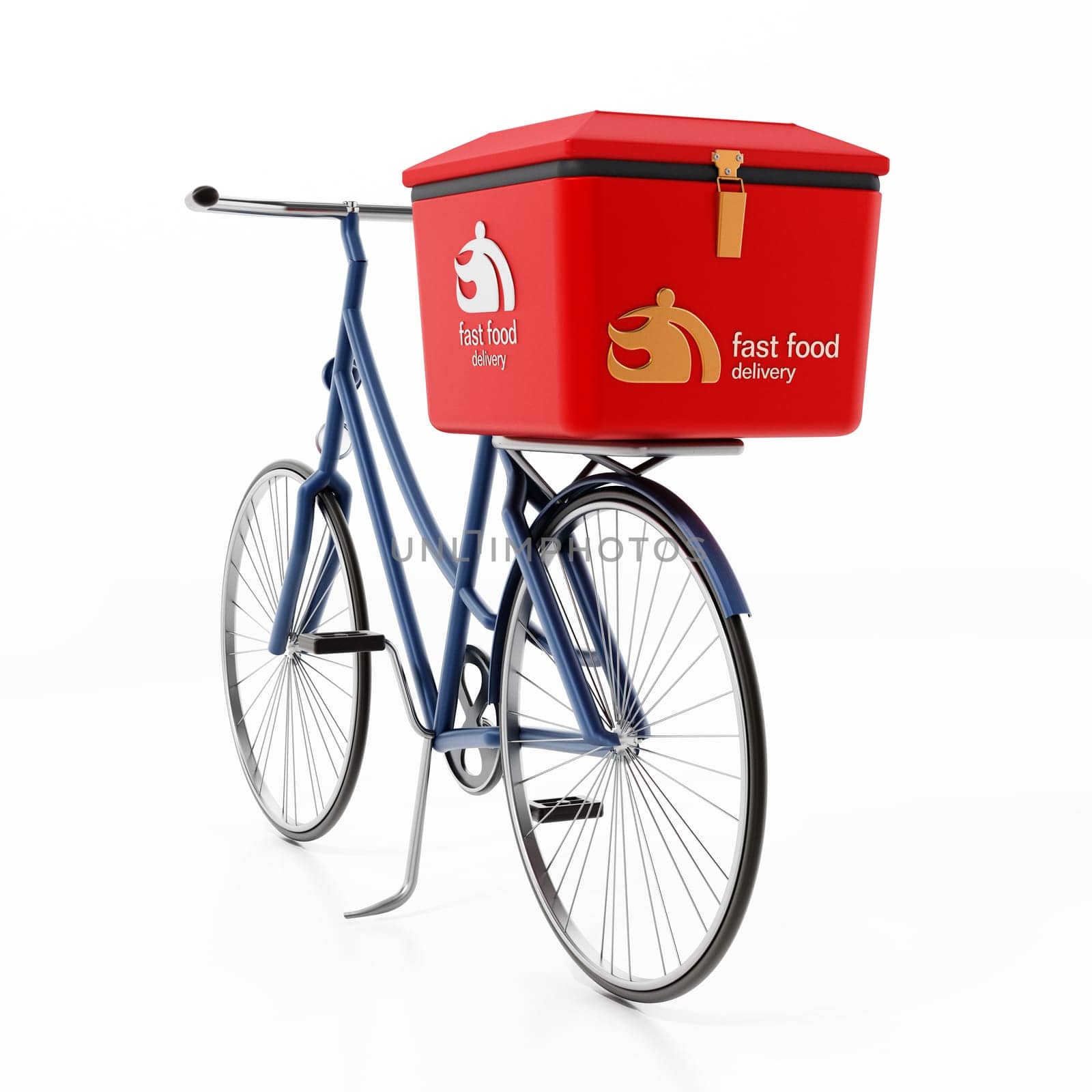 Fast food delivery bicycle isolated on white background. 3D illustration.