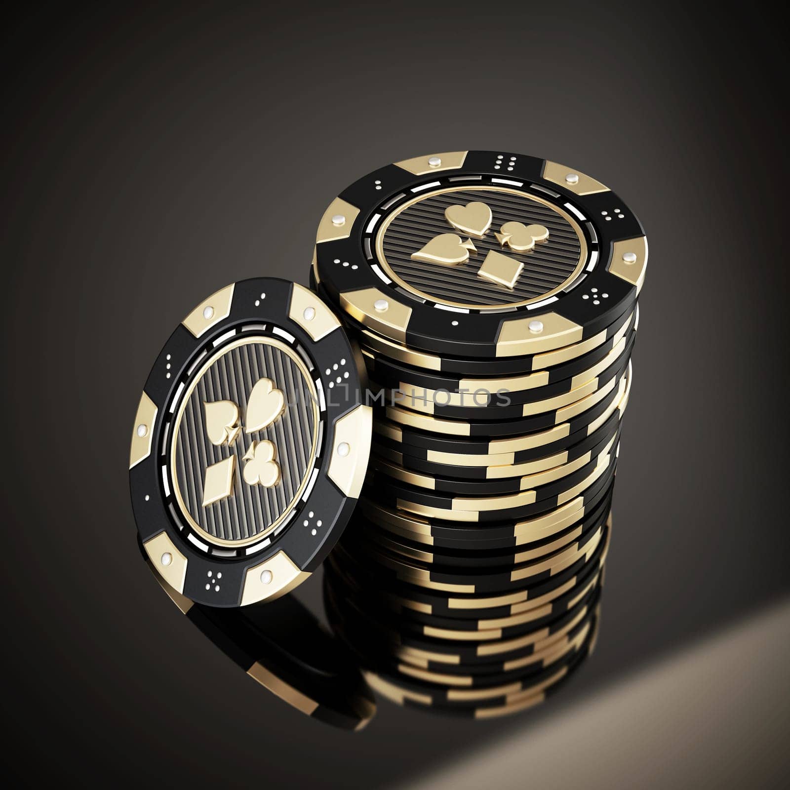 Casino chips on reflective dark background. 3D illustration.